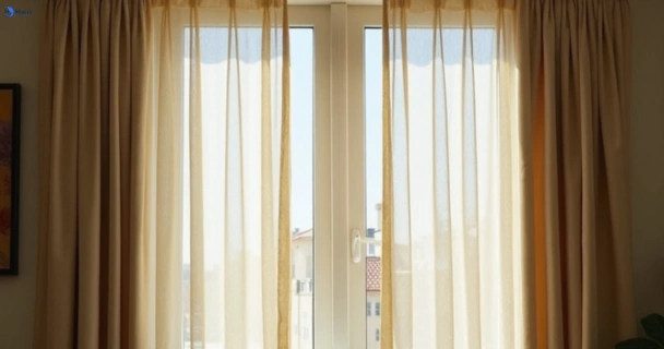 Dusty and dull curtains in golden-beach before steam cleaning